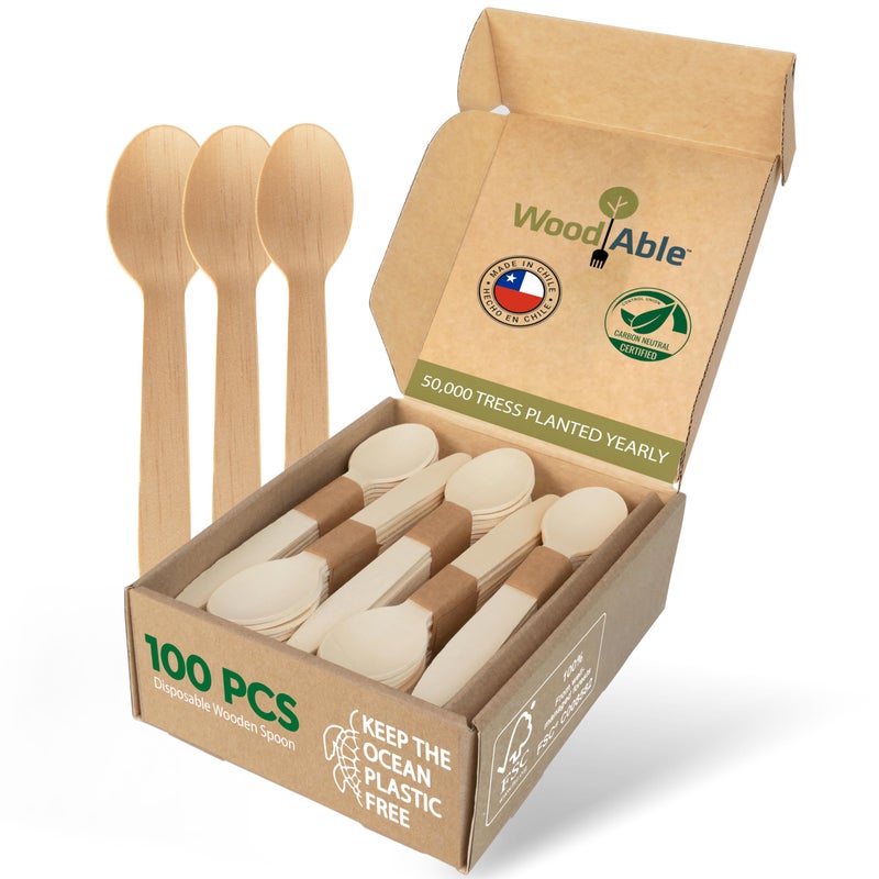 WOODABLE Disposable Wooden Cutlery Set - 100% Home Compostable - 100 Spoons 6.5", Bamboo Utensils Alternative, Eco-Friendly, Organic, Sustainable and Carbon Neutral Certified - Image 1